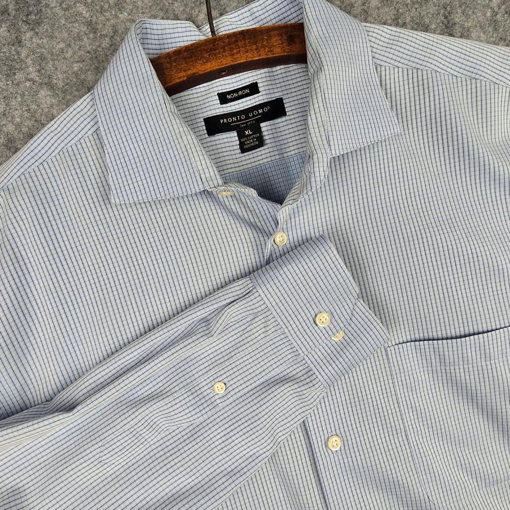 Pronto Uomo Dress Shirt Mens XL Blue White Micro Check Non-Iron Long Sleeve